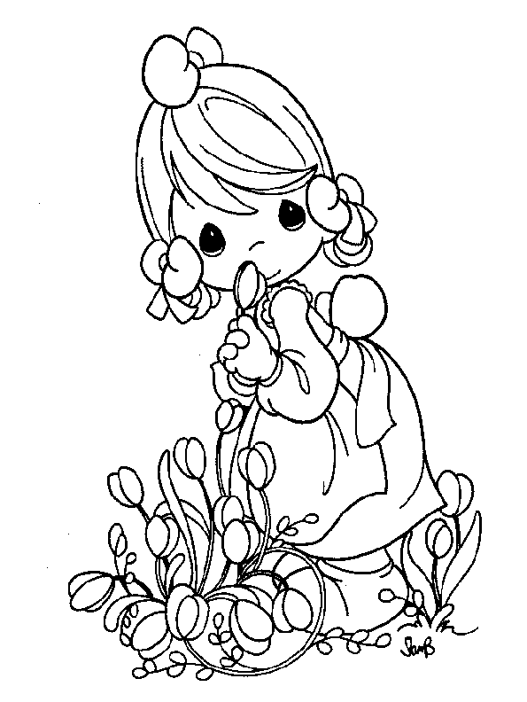 coloriage moments precieux la petite fille et les tulipes
